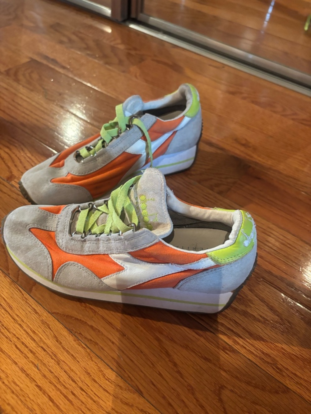 Diadora Gray Suede Sneakers with Orange Panels and Lime Laces - Picture 8 of 10